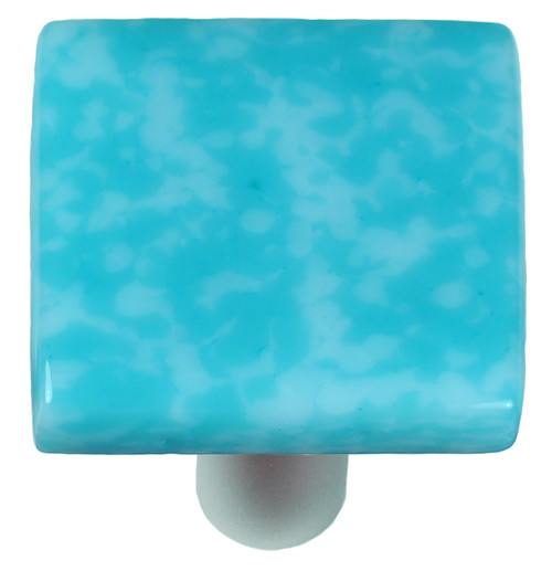 Aquila Art Glass, Granite, 1 1/2" Square Knob, Turquoise Blue and White