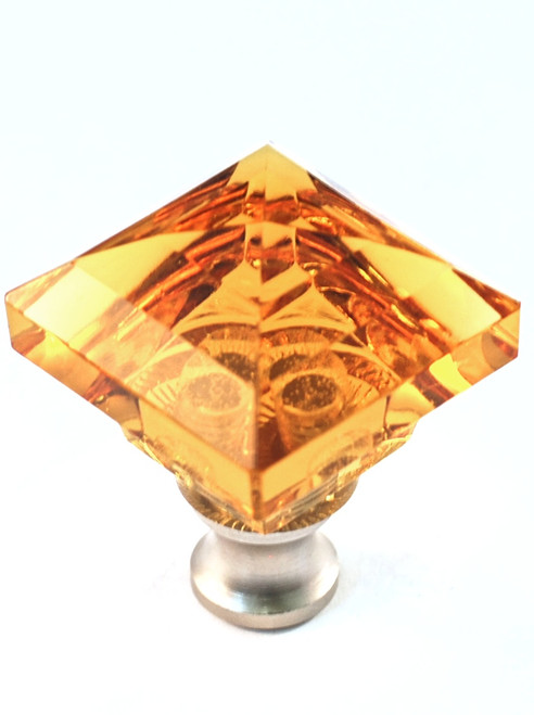 Cal Crystal, Crystal, 1 1/4" Square Knob, Clear Amber, shown in Satin Nickel