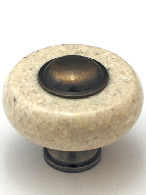 Cal Crystal, Marble, 1 1/2" Round Knob, Beige Marble with Insert and Base, shown with Antique Brass insert and Base