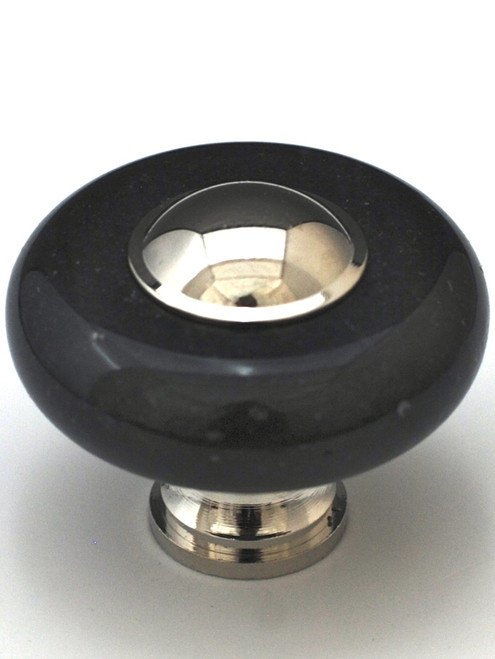 Cal Crystal, Marble, 1 1/2" Round Knob, Black Marble with Insert and Base, shown with Polished Nickel insert and Base