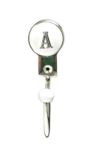 Buck Snort Lodge, Hooks, White Porcelain Letter A, 5" Wall Hook, Shiny Nickel