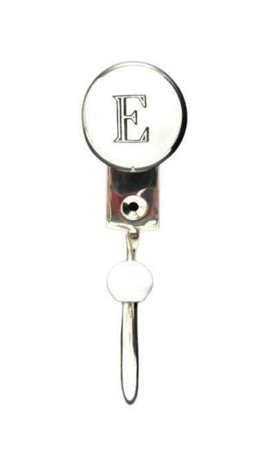 Buck Snort Lodge, Hooks, White Porcelain Letter E, 5" Wall Hook, Shiny Nickel