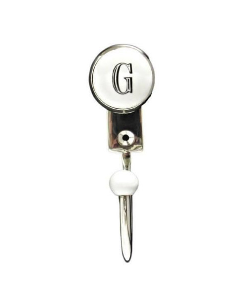 Buck Snort Lodge, Hooks, White Porcelain Letter G, 5" Wall Hook, Shiny Nickel