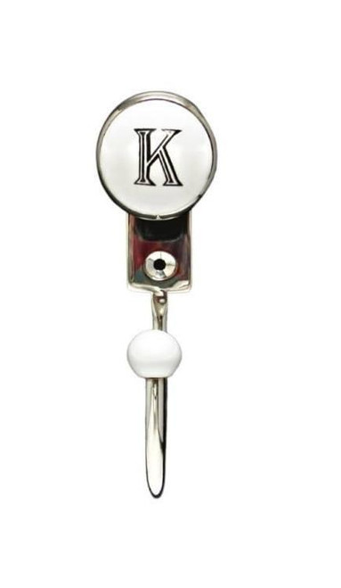 Buck Snort Lodge, Hooks, White Porcelain Letter K, 5" Wall Hook, Shiny Nickel