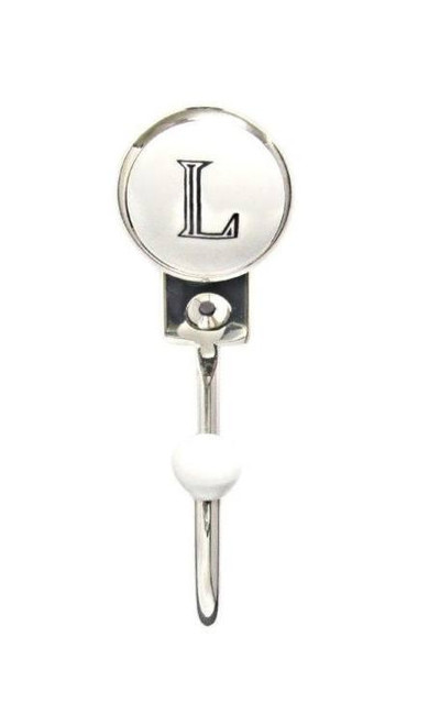 Buck Snort Lodge, Hooks, White Porcelain Letter L, 5" Wall Hook, Shiny Nickel