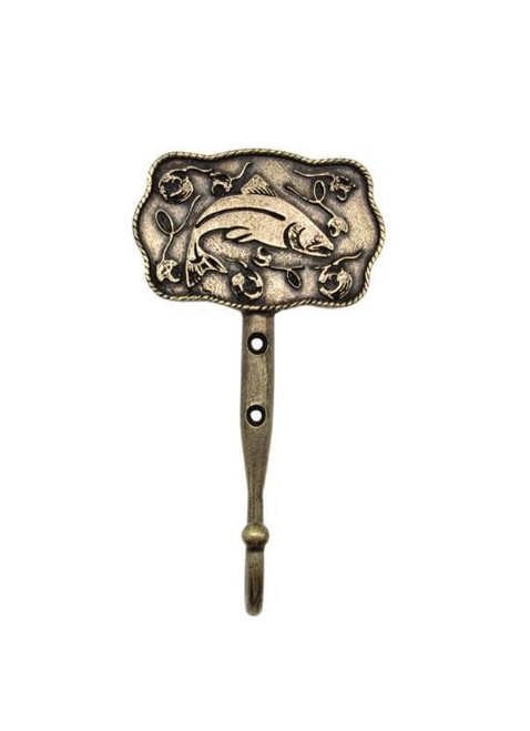 Buck Snort Lodge, Hooks, Trout Scene 6" Wall Hook, Brass Oxidized