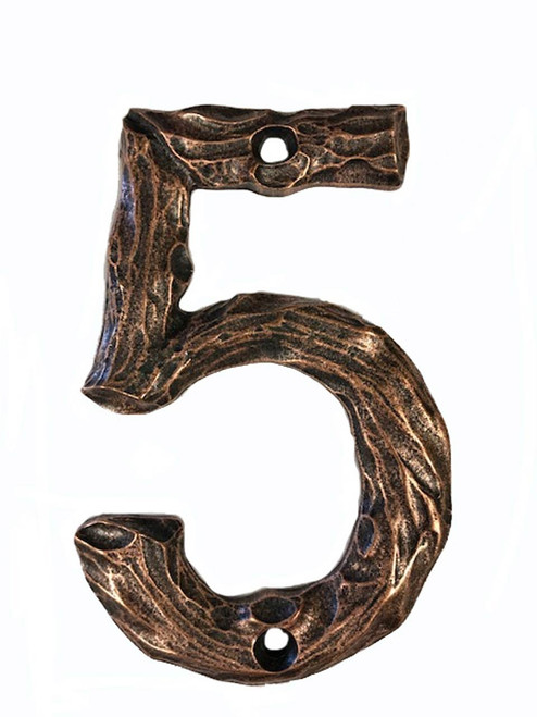 Buck Snort Lodge, House Numbers, 5, 4.38" Log House Number, Satin Copper Oxidized