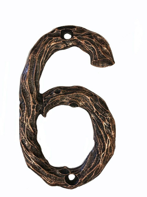 Buck Snort Lodge, House Numbers, 6, 4.25" Log House Number, Satin Copper Oxidized