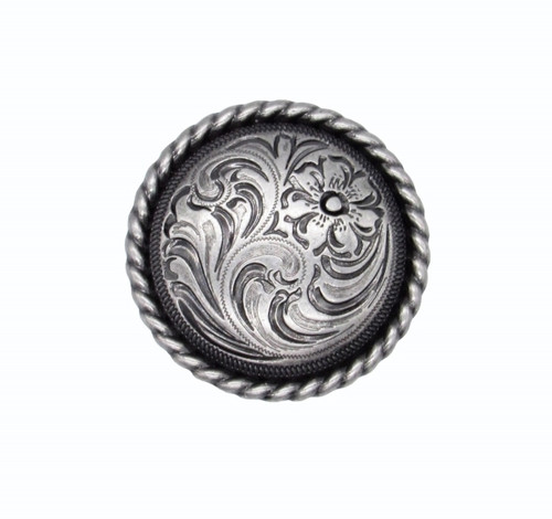 Buck Snort Lodge, Western, Small Engraved Flower Round Knob, Nickel Oxidized