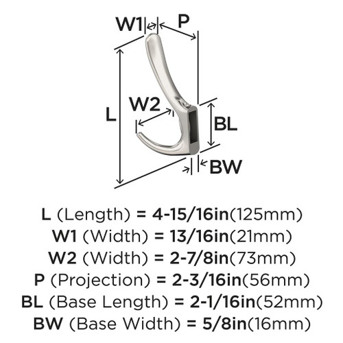 Amerock, Finesse, Decorative Triple Prong Wall Hook, Polished Nickel - technical Amerock, Finesse, Decorative Triple Prong Wall Hook, Polished Nickel - technical