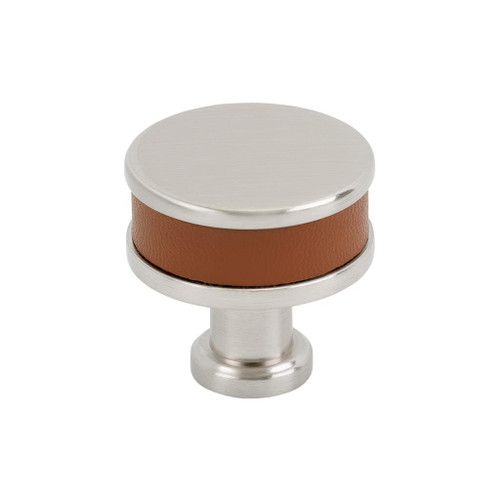 Amerock, Fairlane, 1 1/4" (32mm)  Round Knob, Cognac Leather with Satin Nickel