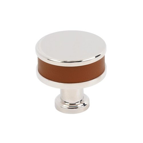 Amerock, Fairlane, 1 1/4" (32mm)  Round Knob, Cognac Leather with Polished Nickel