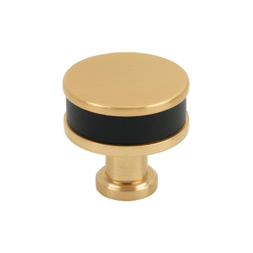 Amerock, Fairlane, 1 1/4" (32mm)  Round Knob, Black Leather with Champagne Bronze Amerock, Fairlane, 1 1/4" (32mm)  Round Knob, Black Leather with Champagne Bronze