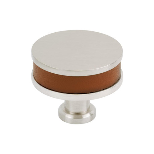 Amerock, Fairlane, 1 1/2" (38mm)  Round Knob, Cognac Leather with Satin Nickel