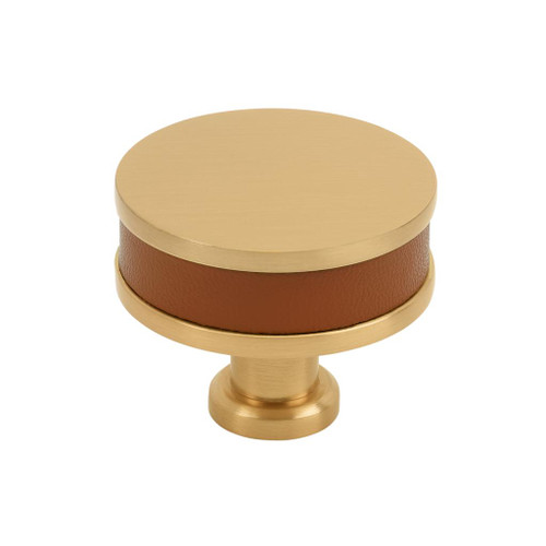 Amerock, Fairlane, 1 1/2" (38mm)  Round Knob, Cognac Leather with Champagne Bronze
