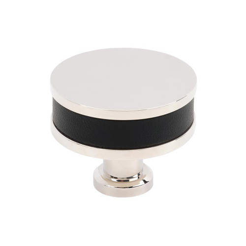 Amerock, Fairlane, 1 1/2" (38mm)  Round Knob, Black Leather with Polished Nickel Amerock, Fairlane, 1 1/2" (38mm)  Round Knob, Black Leather with Polished Nickel