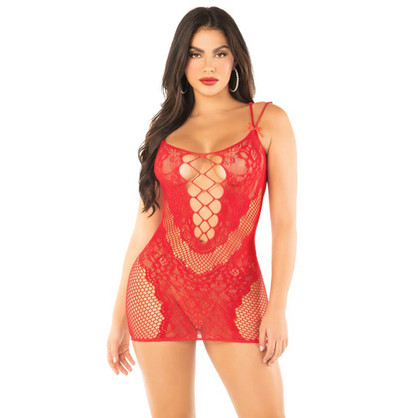 Leg Avenue Red Lace and Net Mini Dress - With Dual Strap Detail - Os