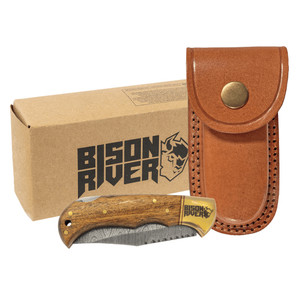 Bison River Damascus Folding Pocket Knife with Leather Sheath 3.5”