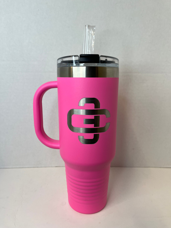 40 oz pink Tumbler with Handle C3 Logo
