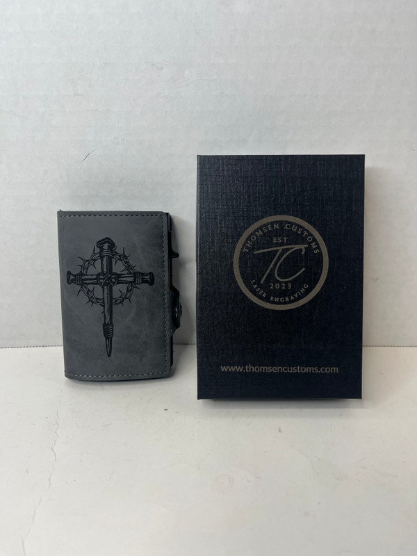 Cross Crown of Thorns Gray Leather Pop Up Wallet