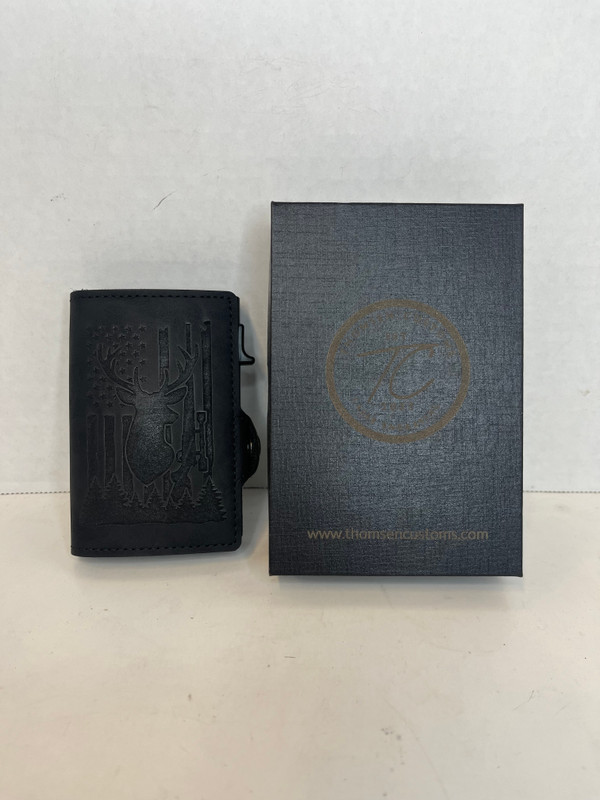 Buck Silhouette American Flag Black Leather Pop Up Wallet