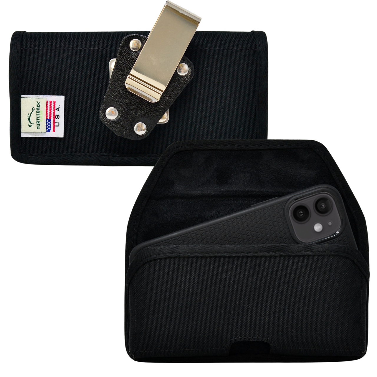 iPhone 13 Mini / 12 Mini Belt Clip Horizontal Holster Case Black Nylon  Pouch Heavy Duty Rotating Clip