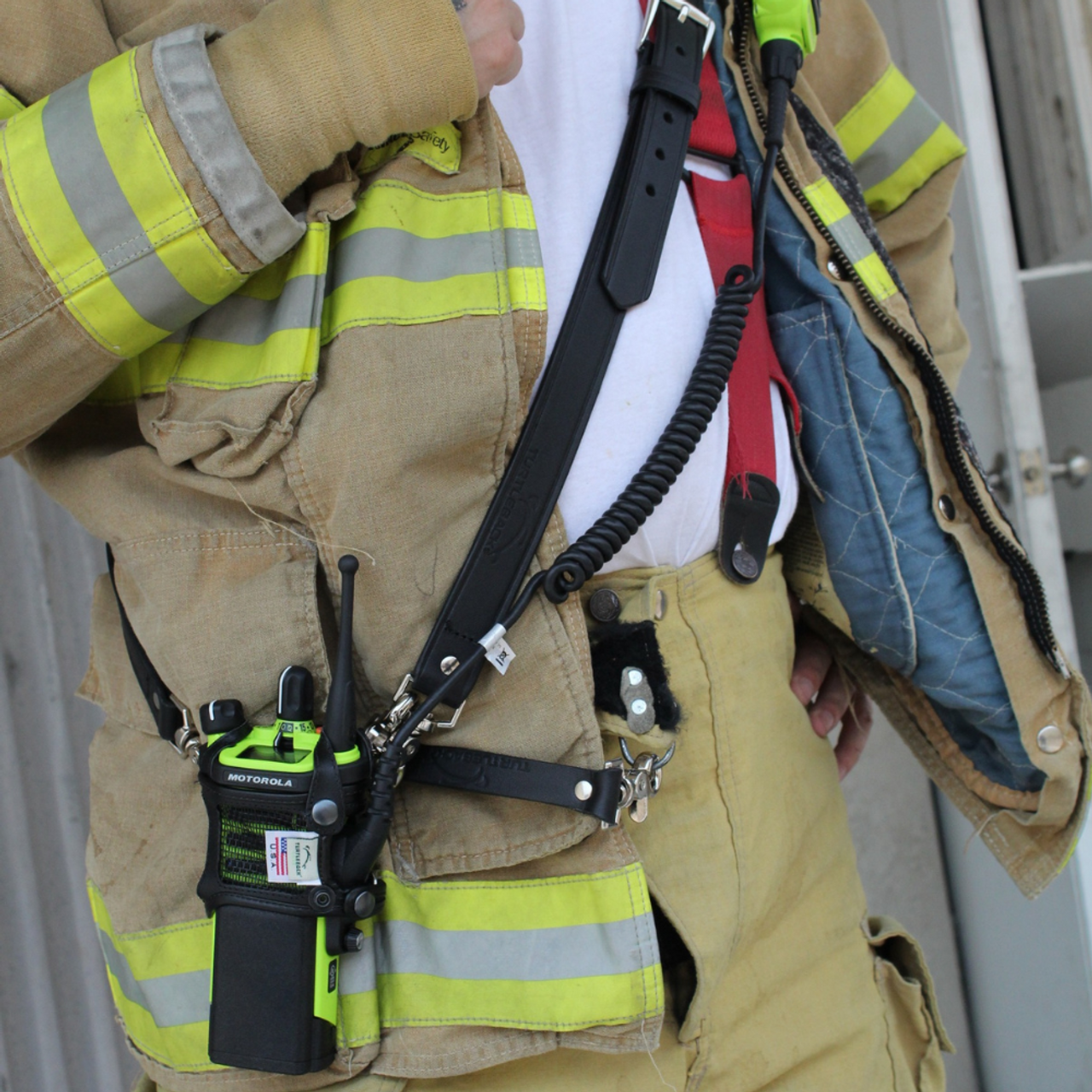 Radio Shoulder Strap Turtleback FF EMS EMT Black Leather Adj with Sway Strap