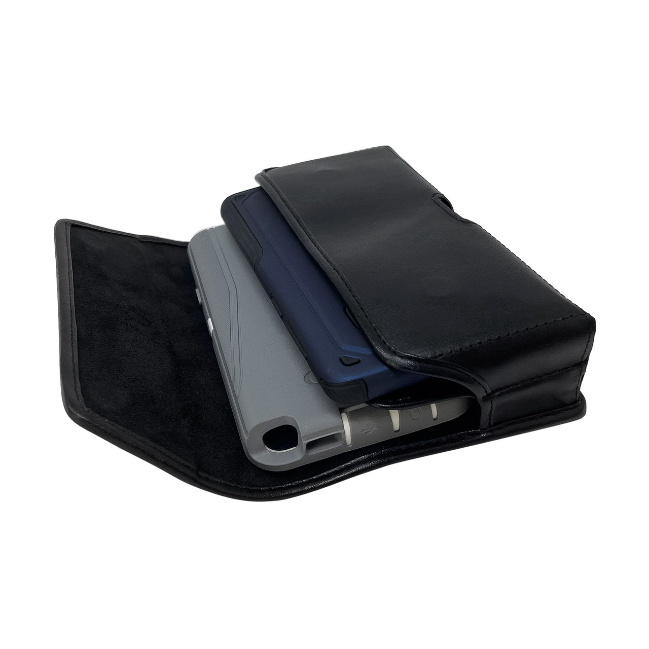 USA Made Dual Phone Holster Carries 2 EXTRA LARGE Phones - Horizontal Black Leather  Pouch with Heavy