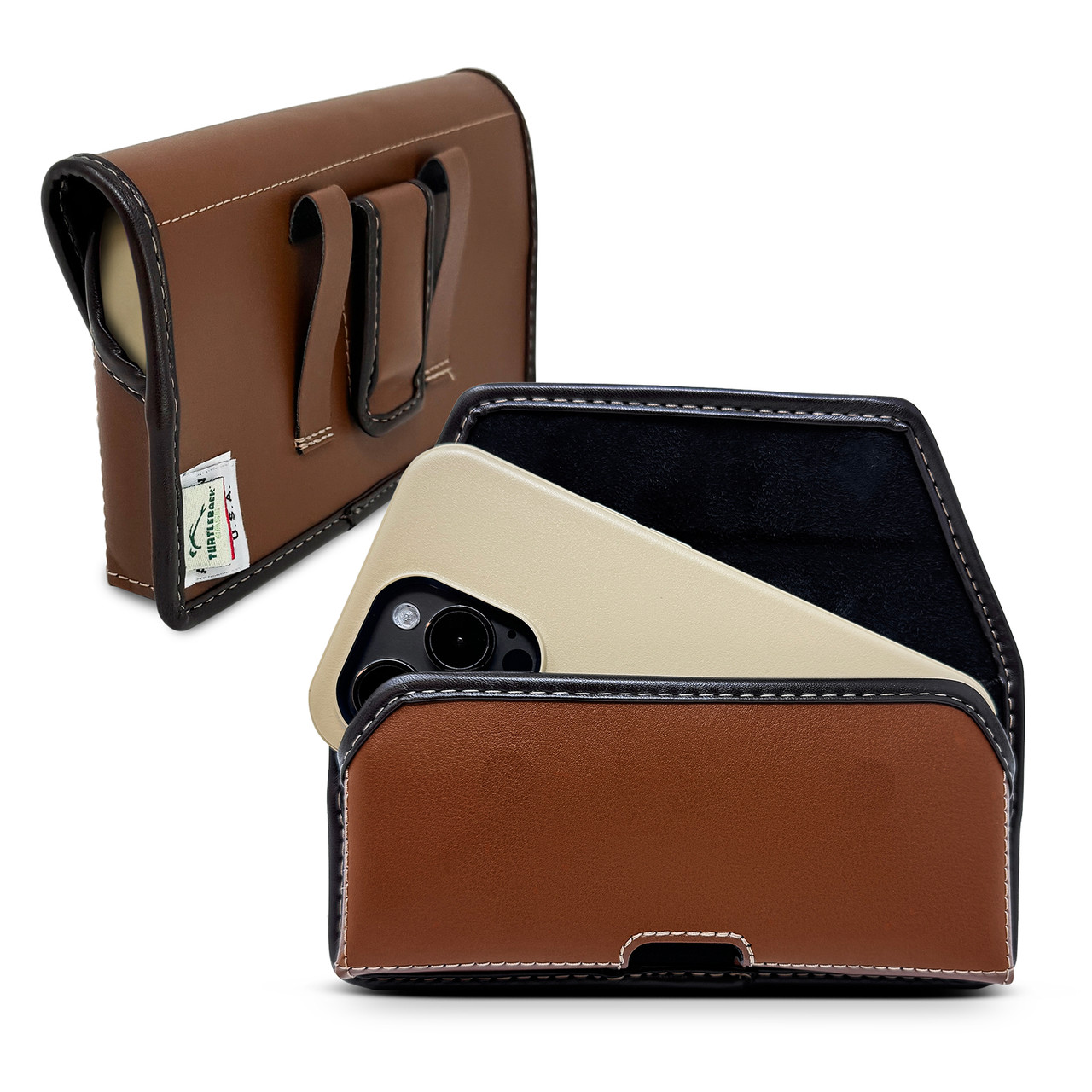 Turtleback Brown Belt Holder for iPhone 17 Pro 17 Air, 16 Pro, 15 Pro 14 Pro & 13 Pro -Small - Fits w/ Slim MagSafe Style Cases, Premium BROWN Leather Horizontal Belt Loop Holster, Magnetic Closure, Leather Wrapped Clip