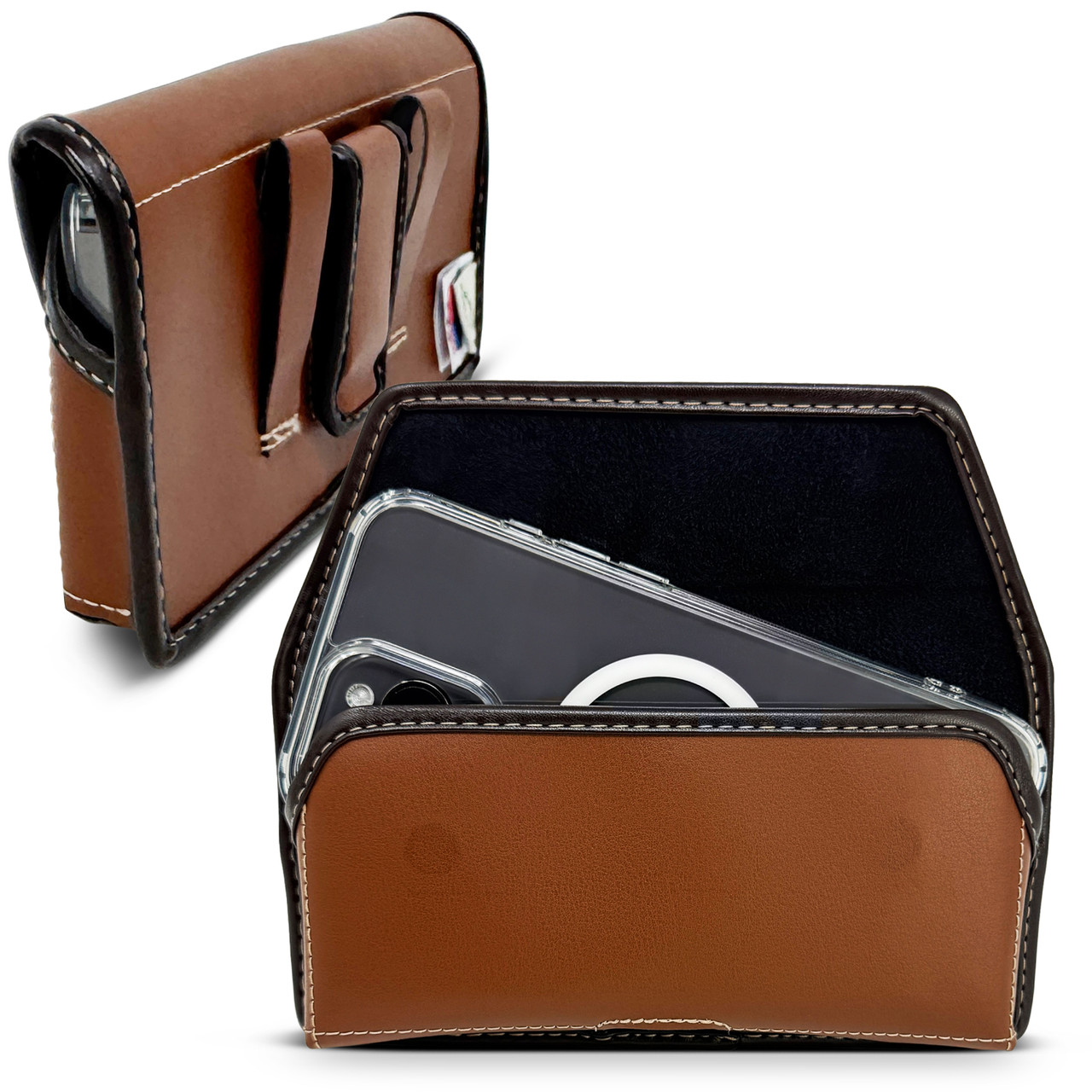 Turtleback Brown Belt Holder for iPhone 17 Pro 17 Air, 16 Pro, 15 Pro 14 Pro & 13 Pro -Small - Fits w/ Slim MagSafe Style Cases, Premium BROWN Leather Horizontal Belt Loop Holster, Magnetic Closure, Leather Wrapped Clip