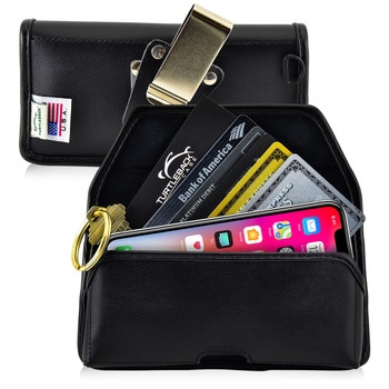 iPhone 11 Pro (2019), XS (2018) & X (2017) Credit Card Belt Clip Holster Case with D Ring, Black Leather Pouch with Heavy Duty Rotating Belt Clip, Horizontal