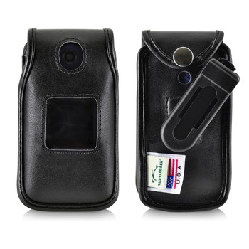 Alcatel Flip Phone Case for GO FLIP, Go Flip V, AT&T Flip2, T-Mobile 4044W, MYFLIP (A405DL) & More, Black Leather Fitted Holster with Removable Belt Clip