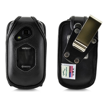 Kyocera DuraXV LTE Verizon E4610 Flip Phone FITTED CASE Black Leather Metal Ratcheting Removable Clip