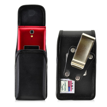 Greatcall Jitterbug Flip Black LEATHER Vertical Holster with Magnetic Closure Heavy Duty Rotating Belt Clip