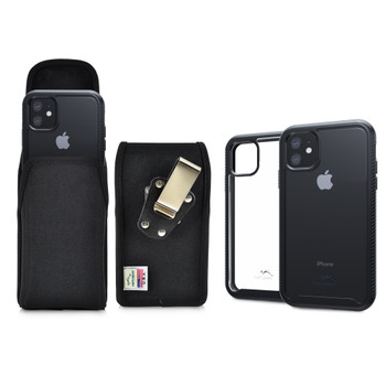 Tough Defense Combo for iPhone 11, Black/Clear Drop Test Case + Ver Nylon Pouch, Metal Clip