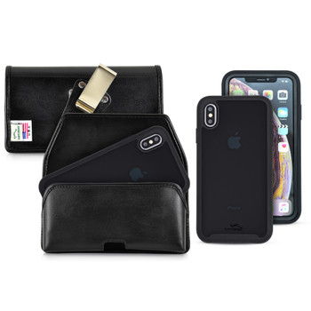 Tough Defense Combo for iPhone XS Max, Blk/Clr Drop Test Case + Horizontal Pouch, Metal Clip