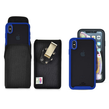 Tough Defense Combo for iPhone XS Max, Blu/Clr Drop Test Case + Ver Nylon Pouch, Metal Clip