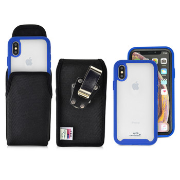 Tough Defense Combo for iPhone X & XS, Blu/Clr Drop Test Case + Ver Nylon Pouch, Metal Clip