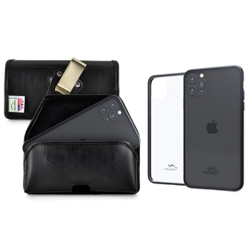 Hybrid Case Combo for iPhone 11 Pro Max, Clear/Black Case + Horizontal Leather Pouch, Metal Clip