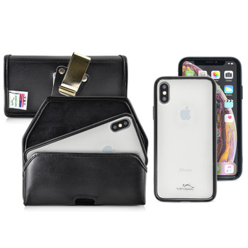 Hybrid Case Combo for iPhone X & XS, Clear/Black Case + Horizontal Leather Pouch, Metal Clip