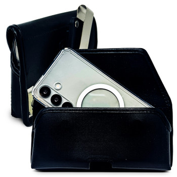 Galaxy S26 S25-S20 Belt Holster Black Leather Pouch Rotating Belt Clip Horizontal