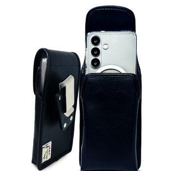 Galaxy S26 S25-S20 Vertical Holster Black Leather Pouch with Rotating Belt Clip