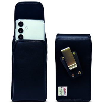 Galaxy S26 Plus, S25+ S24+ thru S20+ Plus Vertical Holster Black Leather Pouch Rotating Belt Clip