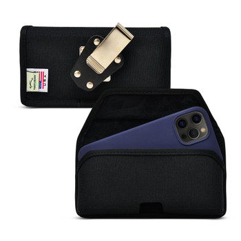 iPhone 14 13 12 (Standard and Pro models) Black Nylon Horizontal Holster with Heavy Duty Rotating Clip, Made in the USA