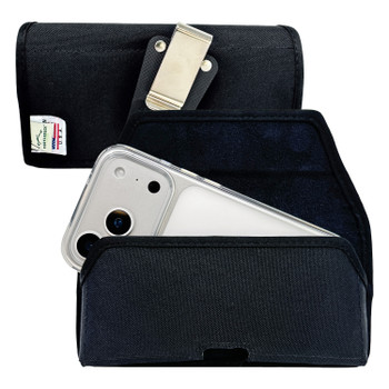 iPhone 17Pro and 17Air -Small- Fits w/ Slim MagSafe Style Cases - Premium Black Nylon, Horizontal Belt Holder, Magnetic Closure, HD Rotating Belt Clip
