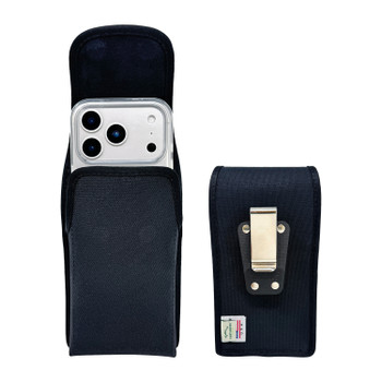 iPhone 17Pro and 17Air -Small- Fits w/ Slim MagSafe Style Cases - Premium Black Nylon, Vertical Belt Holder, Magnetic Closure, HD Rotating Belt Clip