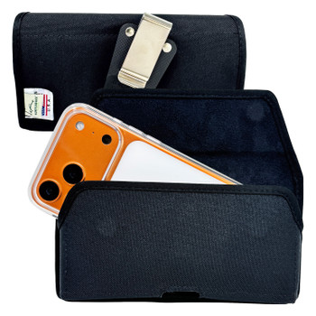 iPhone 17 ProMax, 17 Plus -Small- Fits w/ Slim MagSafe Style Cases, Premium Black Nylon, Horizontal Belt Holder, Magnetic Closure HD Rotating Belt Clip