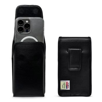 iPhone 17 ProMax, 17 Plus -Small- Fits w/ Slim MagSafe Style Cases, Premium Black Leather Vertical Belt Holster Magnetic Closure Leather Wrapped Clip