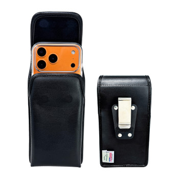 iPhone 17 ProMax, 17 Plus -Small- Fits w/ Slim MagSafe Style Cases, Premium Black Leather, Vertical Belt Holder, Magnetic Closure HD Rotating Belt Clip