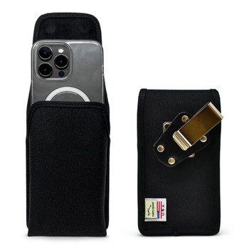 iPhone 17 ProMax, 17 Plus -Small- Fits w/ Slim MagSafe Style Cases, Premium Black Nylon, Vertical Belt Holder, Magnetic Closure, HD Rotating Belt Clip